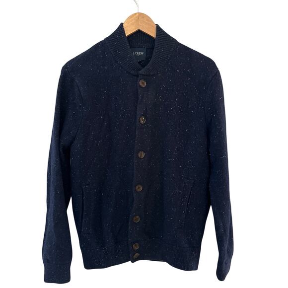 J. Crew Donegal Supersoft Wool Blend Bomber Sweater Navy Pockets Size Medium - Picture 3 of 10